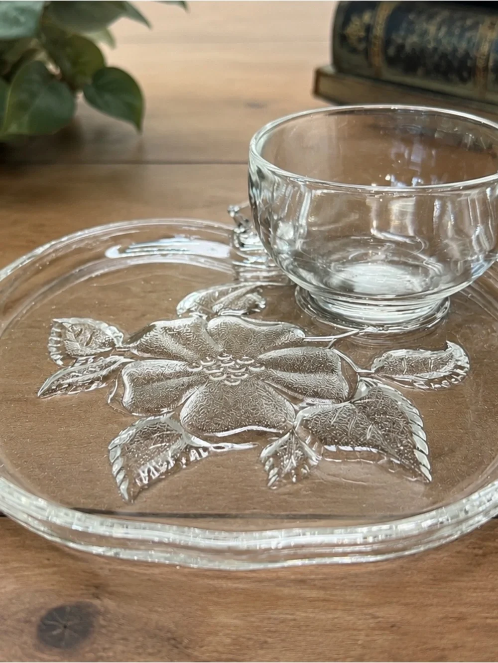 Vintage Hazel Atlas Wild Rose Clear Glass Snack Set Cup & Apple Plate 2 Pc